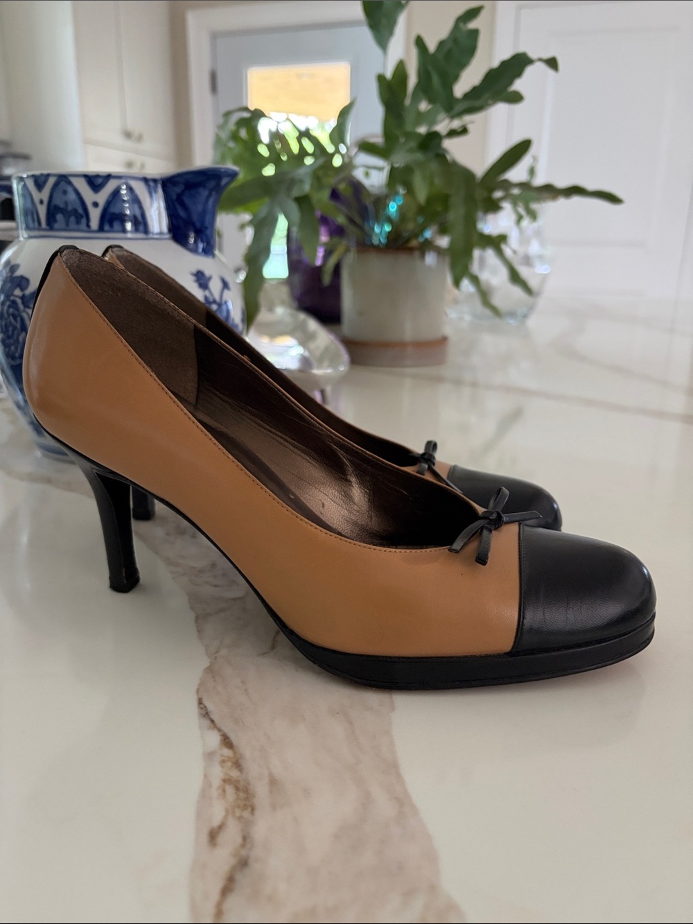 Stuart Weitzman Two-Tone Tan and Black Cap-Toe Women's 3” heel Pumps